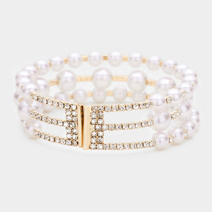 Pearl and Rhinestone Bridal Cuff  Bracelet  on Gold | Wedding Jewelry | 467041
