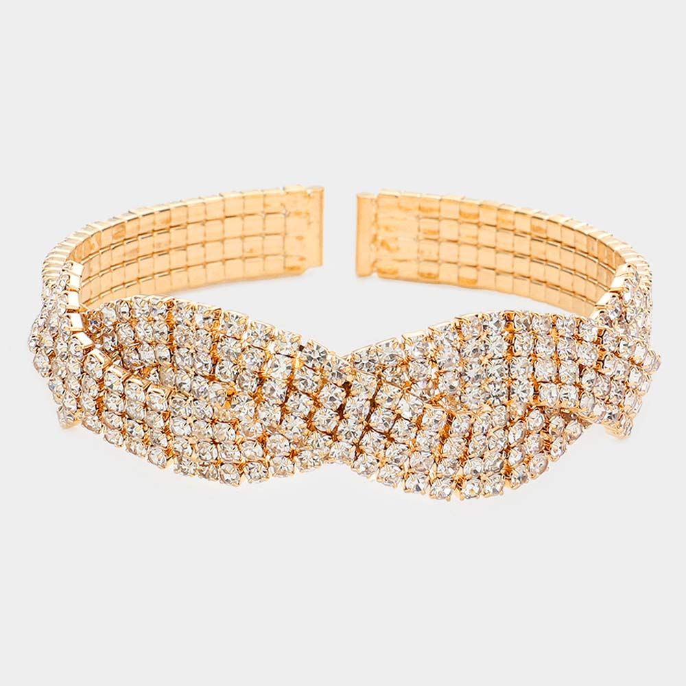 Multi Row Rhinestone Braided Cuff Pageant Bracelet on Gold | Rhinestone Bracelet