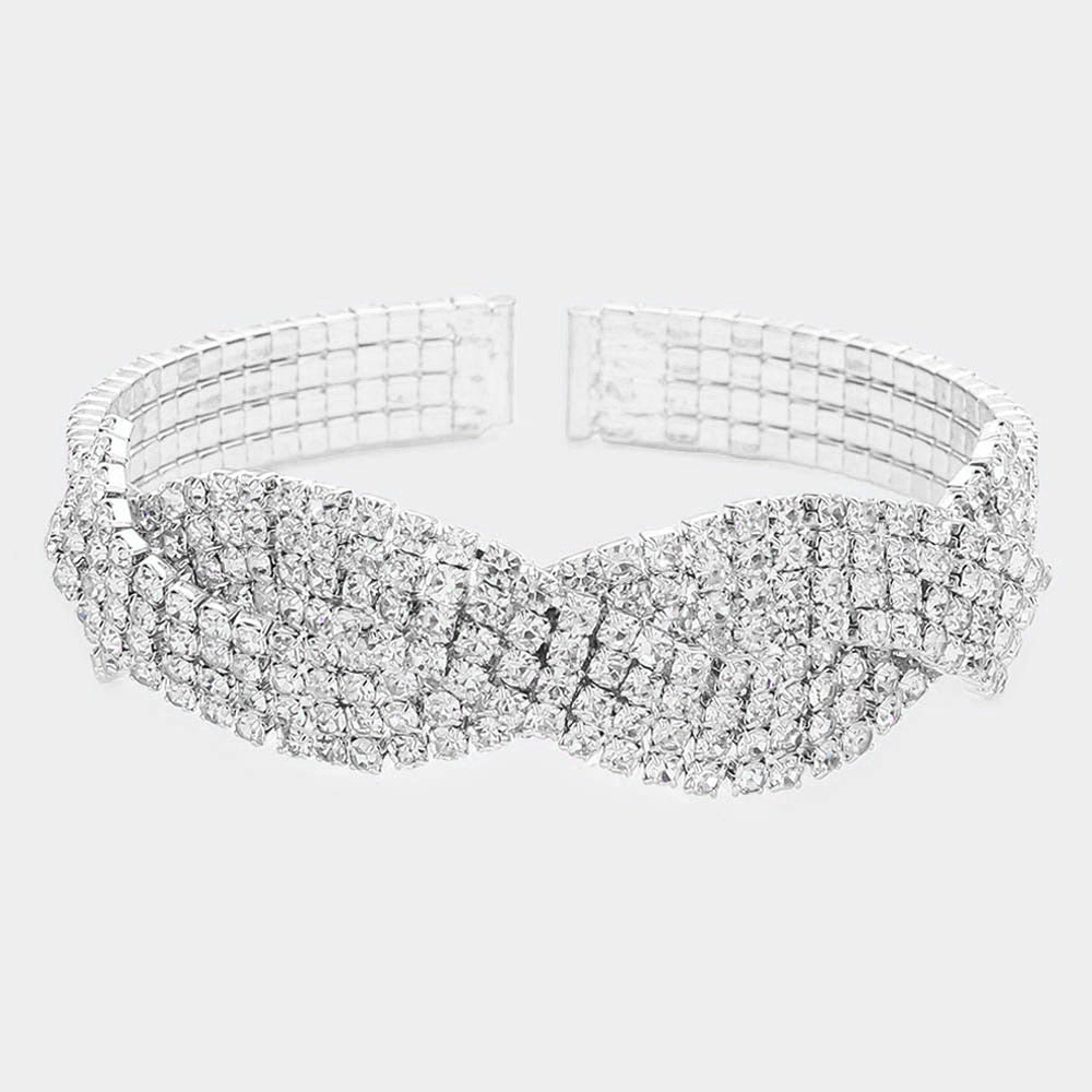 Multi Row Rhinestone Braided Cuff Pageant Bracelet on Silver | Rhinestone Bracelet