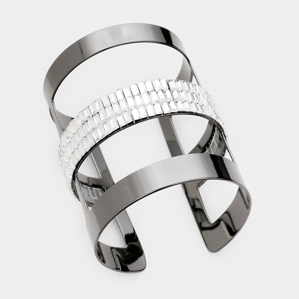 Crystal Baguette Stones on Hematite Split Layer Cage Cuff Bracelet  | Pageant Bracelet