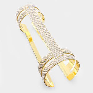 Long Cut Out Cage Clear Crystal Rhinestone Cuff Bracelet on Gold