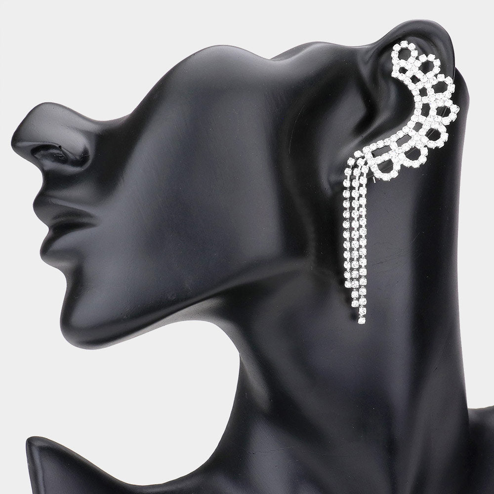 Clear Rhinestone Fringe Ear Cuffs on Silver