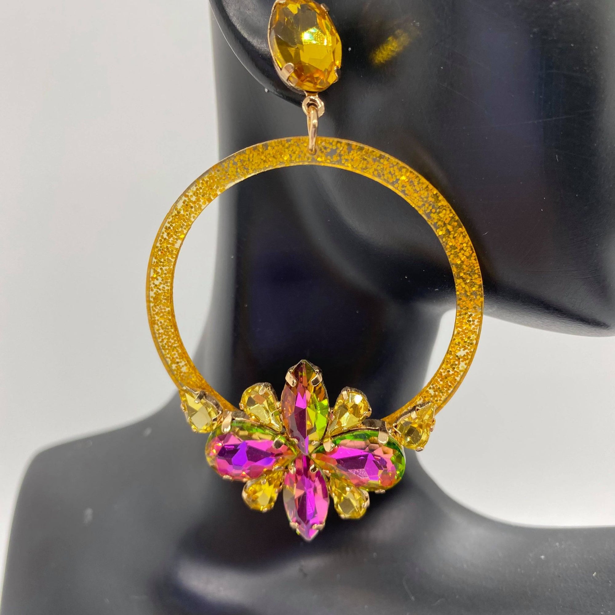 Fuchsia and Gold Crystal Flower Hoop Earrings | 2"