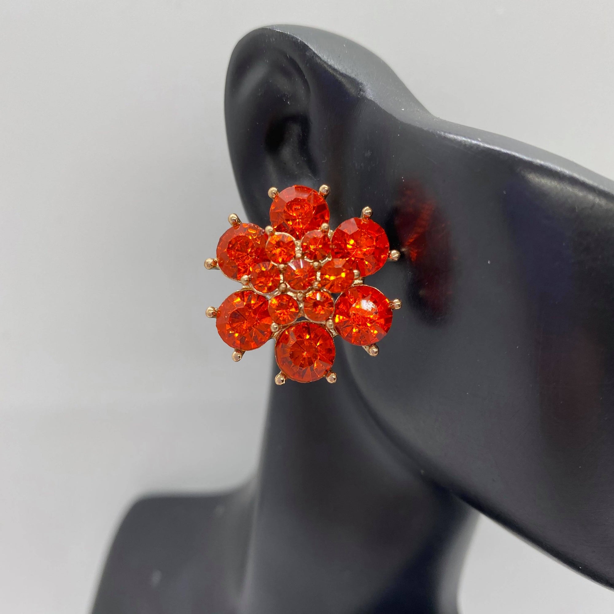 Orange Crystal Flower Clip On Earrings