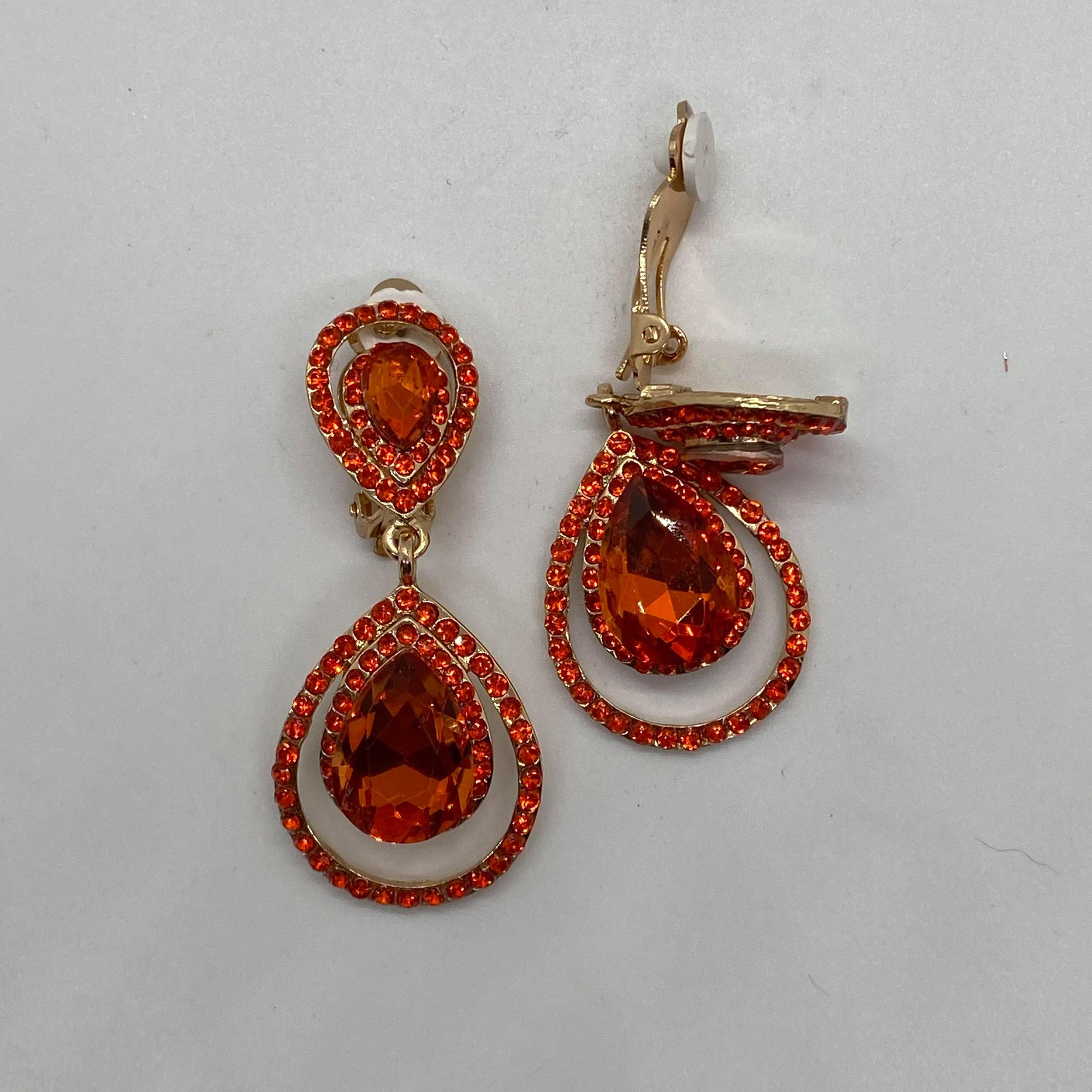 Orange Crystal Double Surround Clip On Earrings