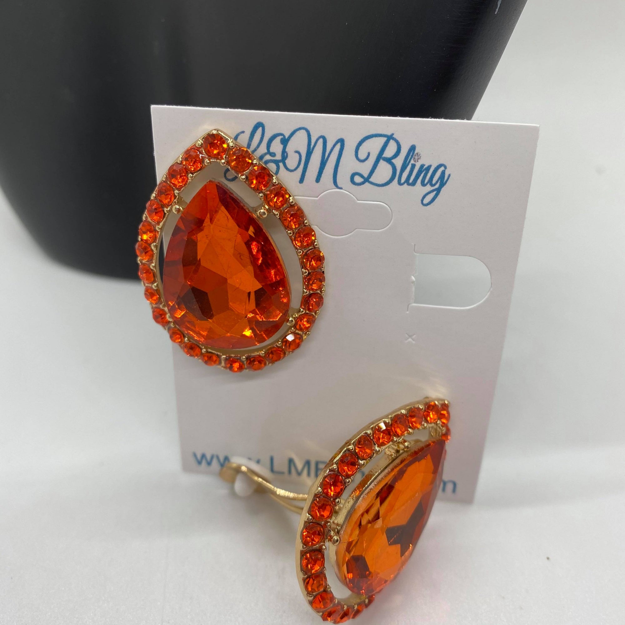 Orange Crystal Large Teardrop Clip On Earrings