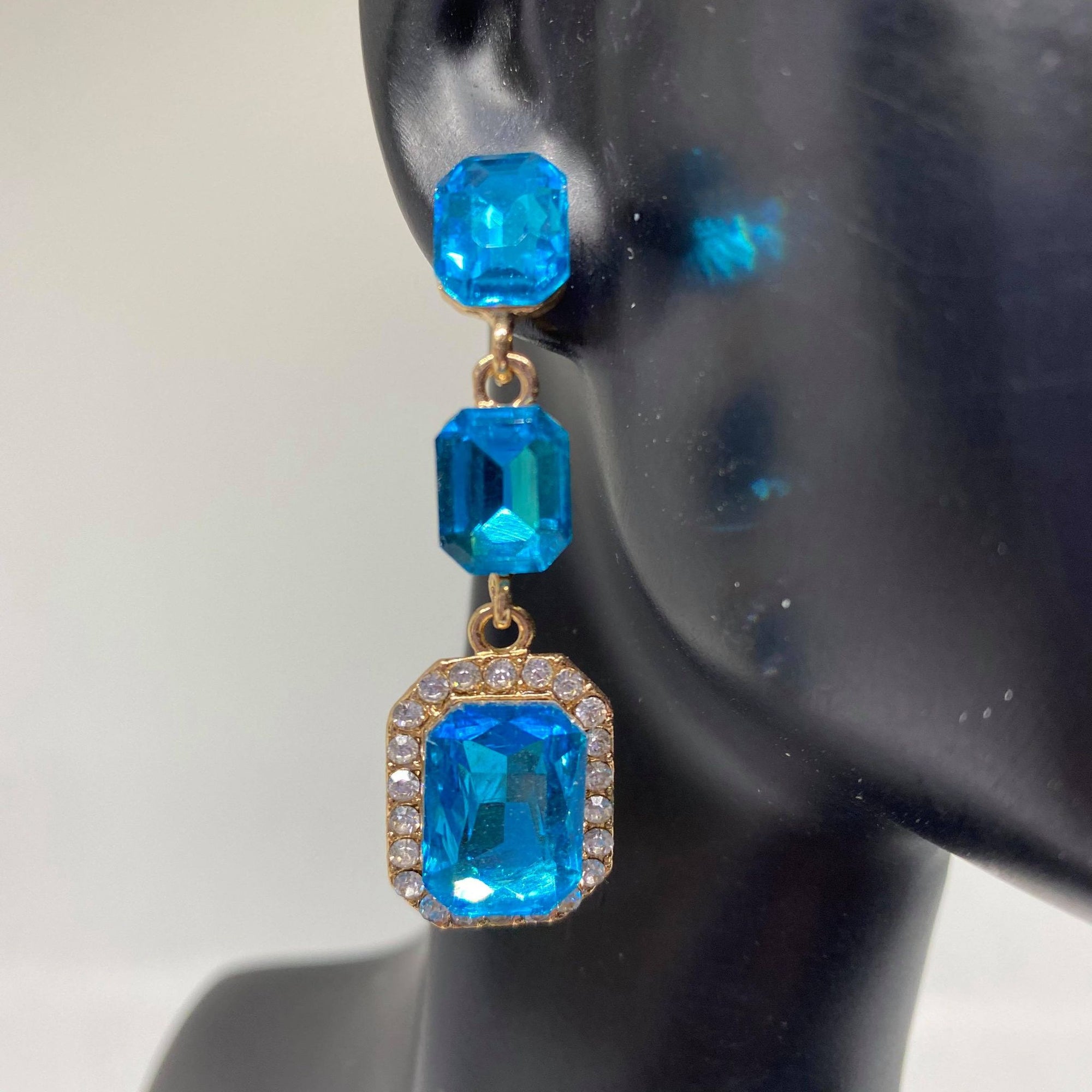 Emerald Cut Aqua Crystal Drop Earrings