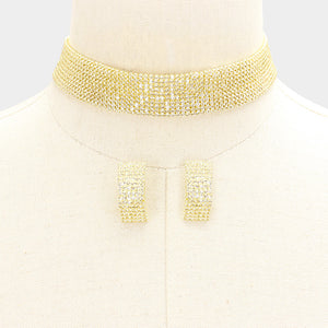 Elegant Crystal on Gold Rhinestone Choker & Earrings