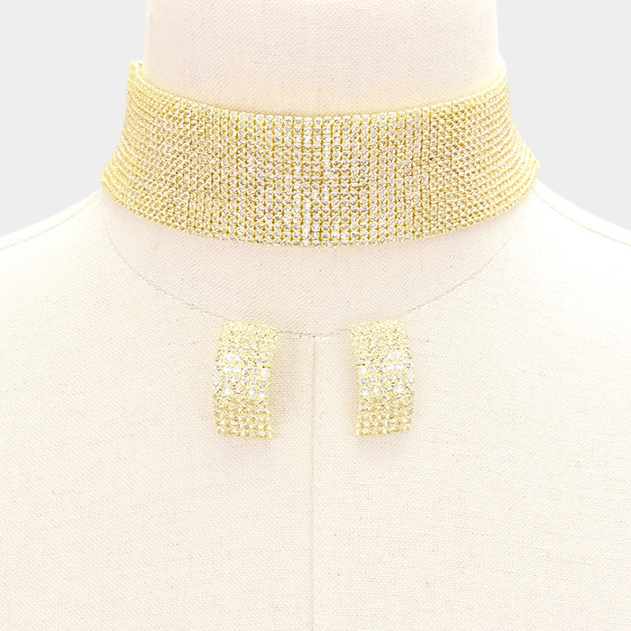 15 Row Clear Crystal Rhinestone Choker on Gold | Prom Jewelry