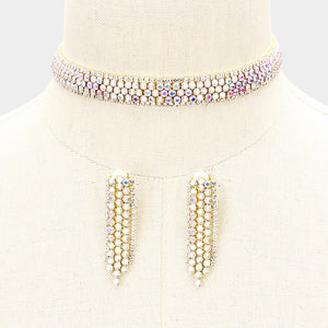 AB Crystal Rhinestone Choker with Matching Clip on Earrings | Prom Jewelry on Gold