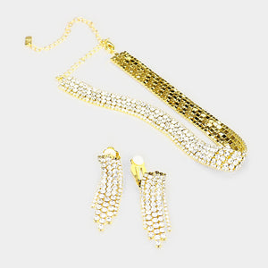 Clear Crystal Rhinestone Choker with Matching Clip on Earrings on Gold | Prom Jewelry | 401593