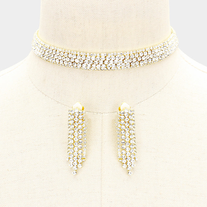 Clear Crystal Rhinestone Choker with Matching Clip on Earrings on Gold | Prom Jewelry