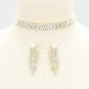 Clear Crystal Rhinestone Choker with Matching Clip on Earrings on Gold | Prom Jewelry