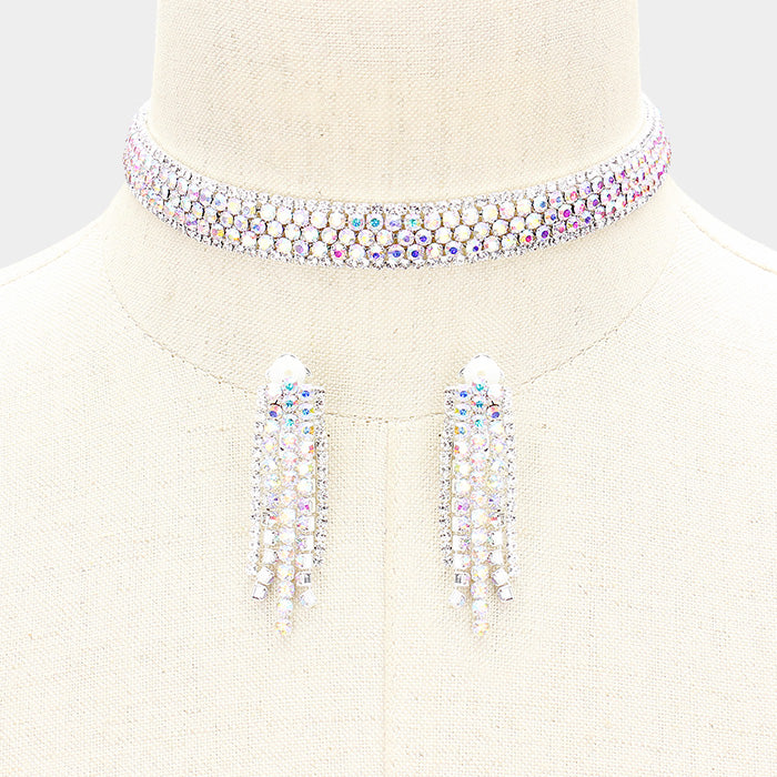 AB Crystal Rhinestone Choker with Matching Clip on Earrings | Prom Jewelry