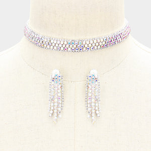 AB Crystal Rhinestone Choker with Matching Clip on Earrings | Prom Jewelry