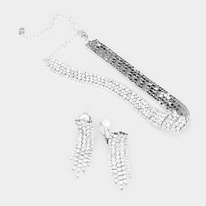 Clear Crystal Rhinestone Choker with Matching Clip on Earrings | Prom Jewelry | 401595