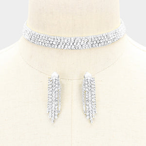 Clear Crystal Rhinestone Choker with Matching Clip on Earrings | Prom Jewelry
