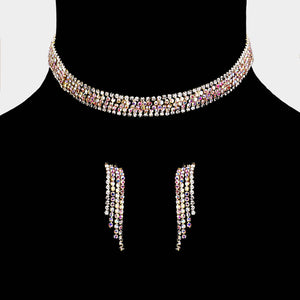 AB Rhinestone Choker with Fringe Earrings on Gold | Prom Choker, Pageant Choker