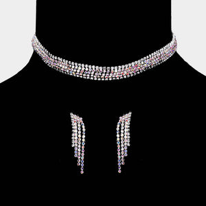 AB Rhinestone Choker with Fringe Earrings  | Prom Choker, Pageant Choker