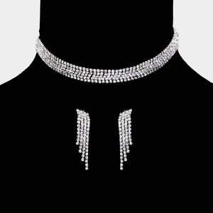 Clear Rhinestone Choker with Fringe Earrings | Prom Choker, Pageant Choker