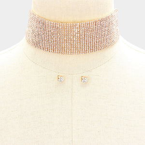 Wide Rhinestone Choker Necklace on Rose Gold /Prom Jewelry  | Pageant Jewelry