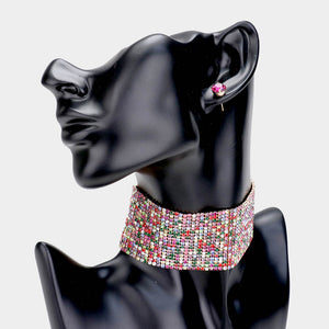 Wide Multi-Color Rhinestone Choker Necklace /Prom Jewelry | Pageant Jewelry
