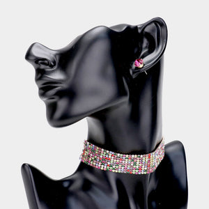 Multi-Color Rhinestone Choker Necklace on Gold | Prom Jewelry | Pageant Jewelry