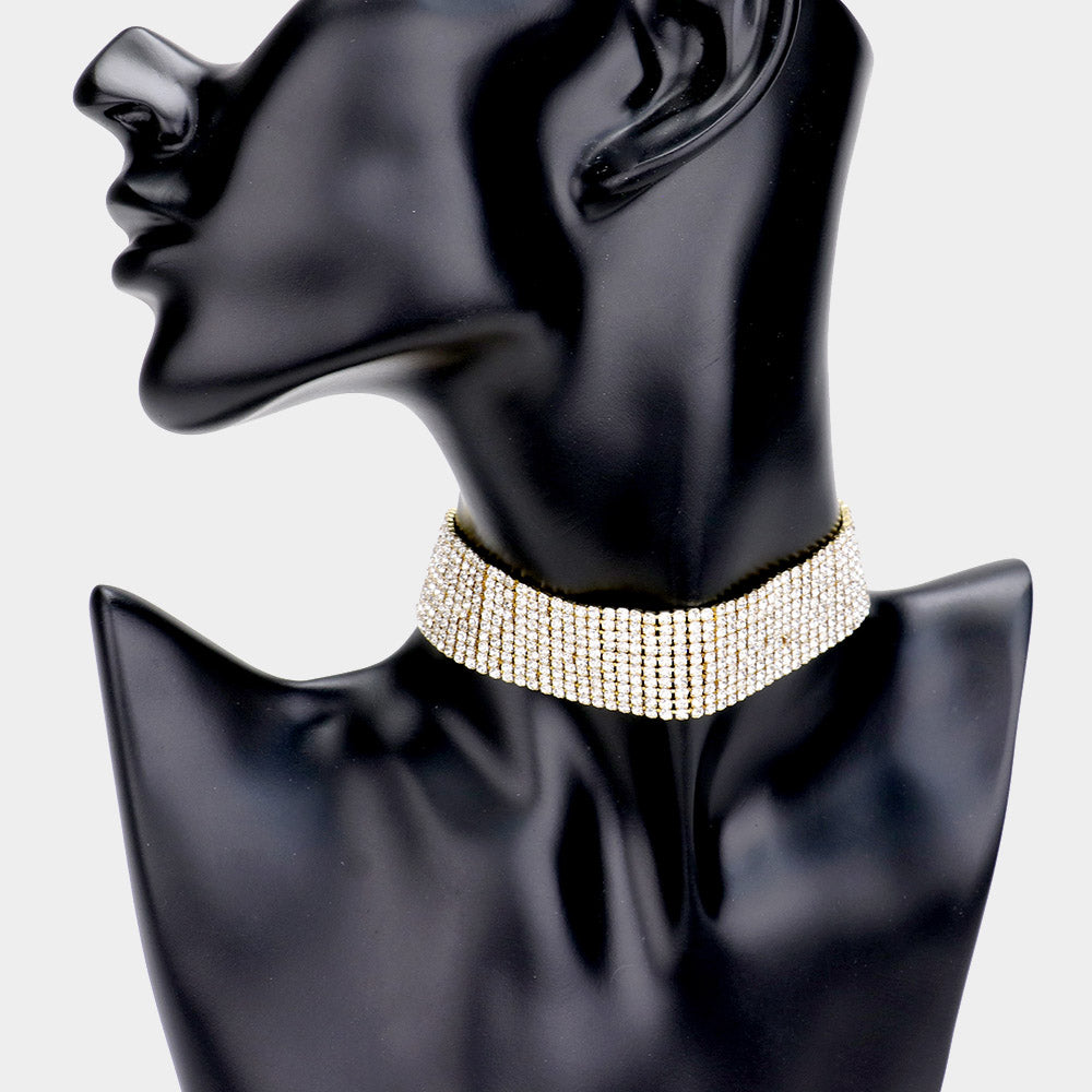 Clear Rhinestone Choker Necklace on Gold | Prom Jewelry