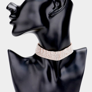 Clear Rhinestone Choker Necklace on Rose Gold | Prom Jewelry
