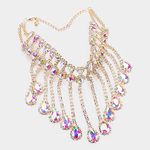 Rhinestone AB Crystal Teardrop Drop Prom Necklace on Gold | 419106