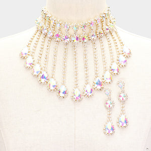 Rhinestone AB Crystal Multi Teardrop Drop Prom Necklace on Gold