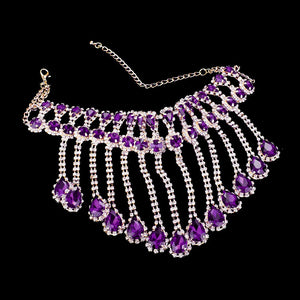 Rhinestone Purple Crystal Teardrop Drop Prom Necklace on Gold | 427978