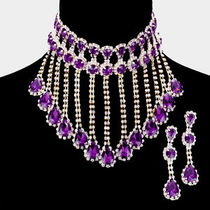 Rhinestone Purple Crystal Multi Teardrop Drop Prom Necklace on Gold