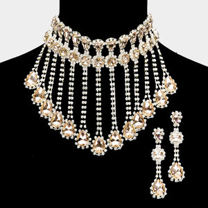 Rhinestone Gold Crystal Multi Teardrop Drop Prom Necklace