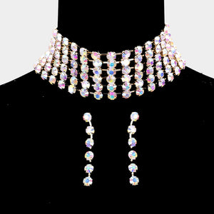 Wide AB Crystal Rhinestone Choker Pageant Necklace on Gold  | Prom Choker
