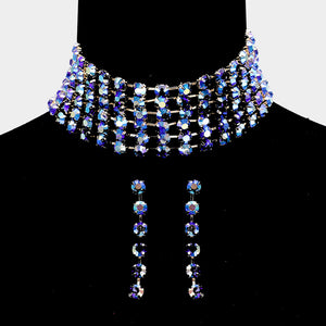 Wide AB Blue Crystal Rhinestone Choker Pageant Necklace on Gold  | Prom Choker| 491975