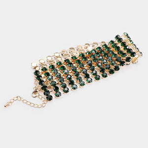 Wide Emerald Crystal Rhinestone Choker Pageant Necklace on Gold | Prom Choker| 491972