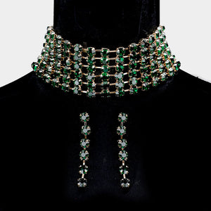 Wide Emerald Crystal Rhinestone Choker Pageant Necklace on Gold