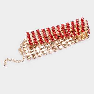 Wide Red Crystal Rhinestone Choker Pageant Necklace on Gold  | Prom Choker| 491976
