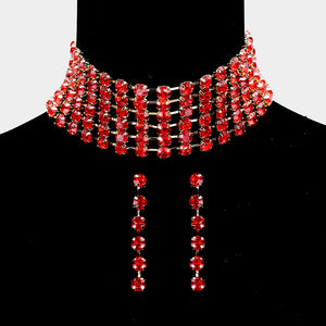 Wide Red Crystal Rhinestone Choker Pageant Necklace on Gold