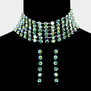Wide AB Green Crystal Rhinestone Choker Pageant Necklace