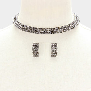 3-Row Black Diamond Crystal Choker and Earrings