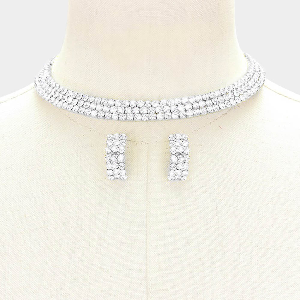 3-Row Clear Diamond Crystal Choker and Earrings