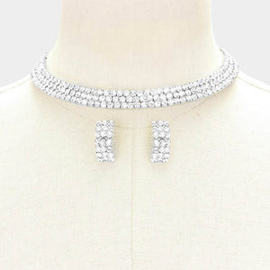 3-Row Clear Diamond Crystal Choker and Earrings