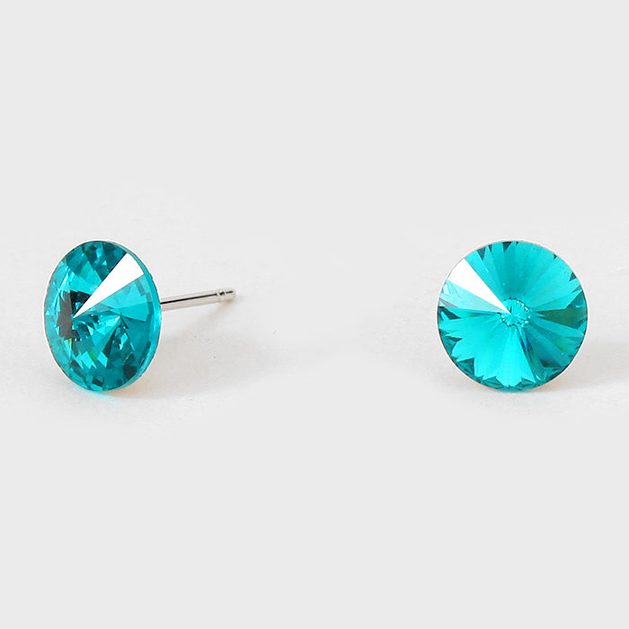 Small Teal Round Crystal Stud Earrings | 8 mm