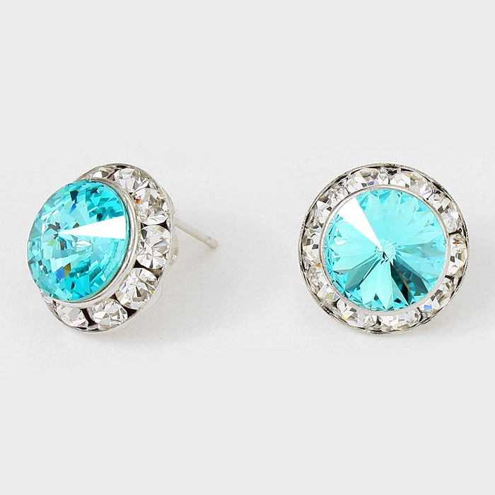 Austrian Aqua Crystal Round Stud Earrings