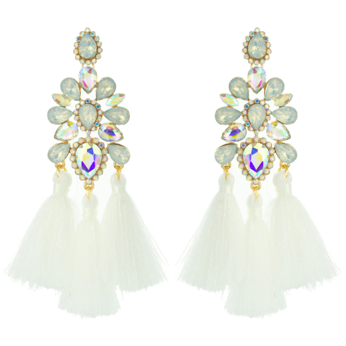 Boho Chic White Opal Tassel Fun Fashion Earrings