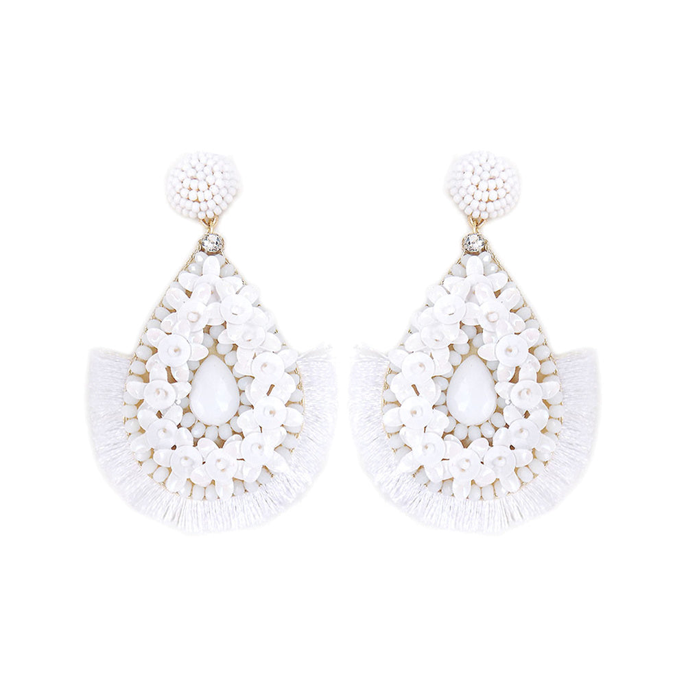 White Beaded Flower Tassel Drop Fun Fashion Earrings