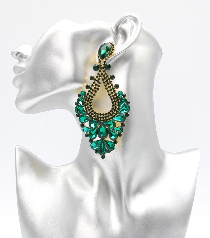 Large Emerald Crystal Statement Pageant Earrings