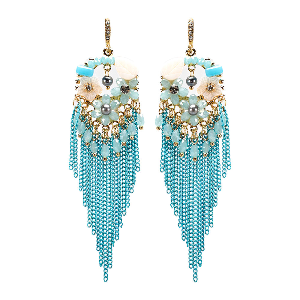 Aqua Chain and Bead Fun Fashion Chandelier Earrings